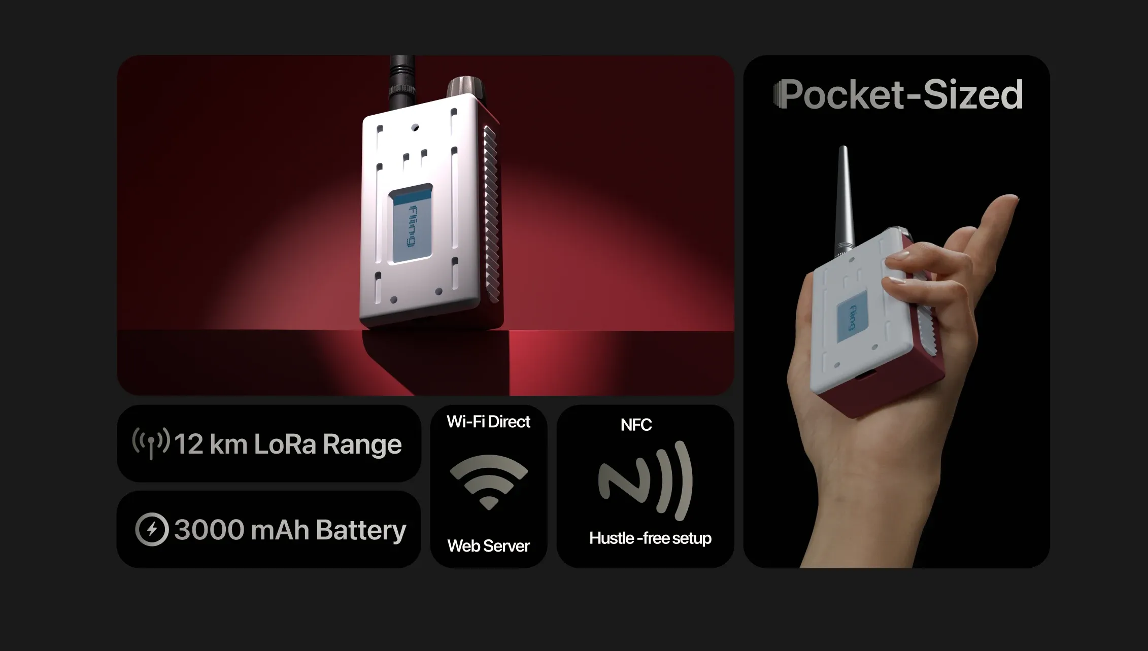 Ranger Node highlights: 12 km LoRa range, 3000 mAh battery, Wi-Fi Direct web server, NFC setup, pocket-sized