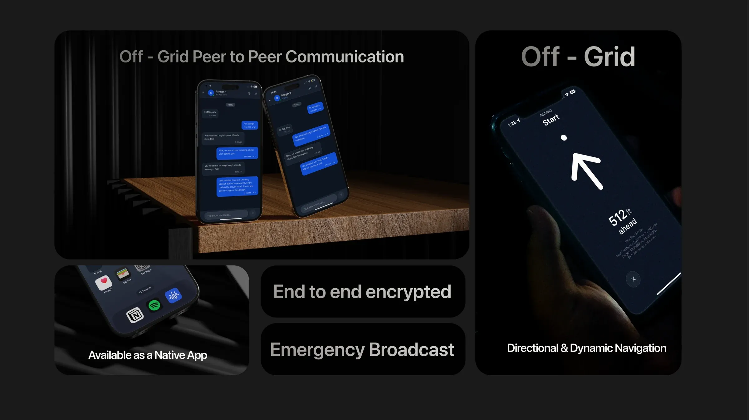 Fling app highlights: off-grid peer-to-peer chat, end-to-end encryption, emergency broadcast, native app and directional navigation