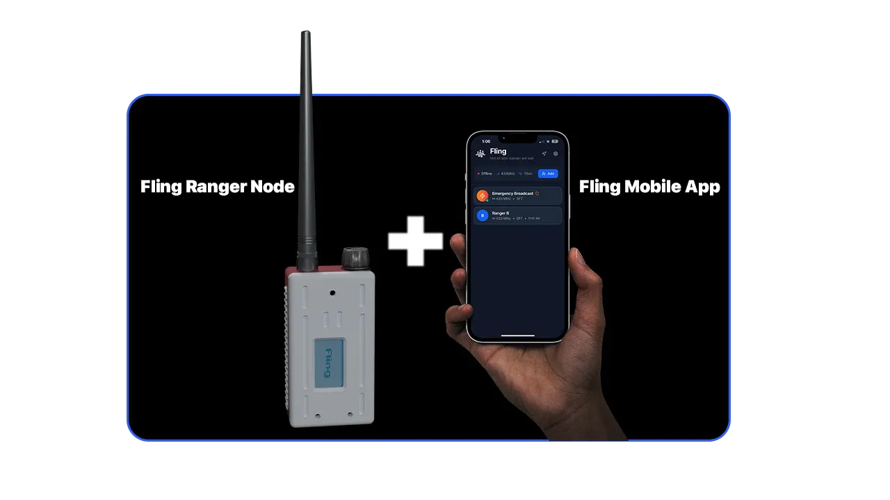 A Fling Ranger Node next to a phone running the Fling mobile app