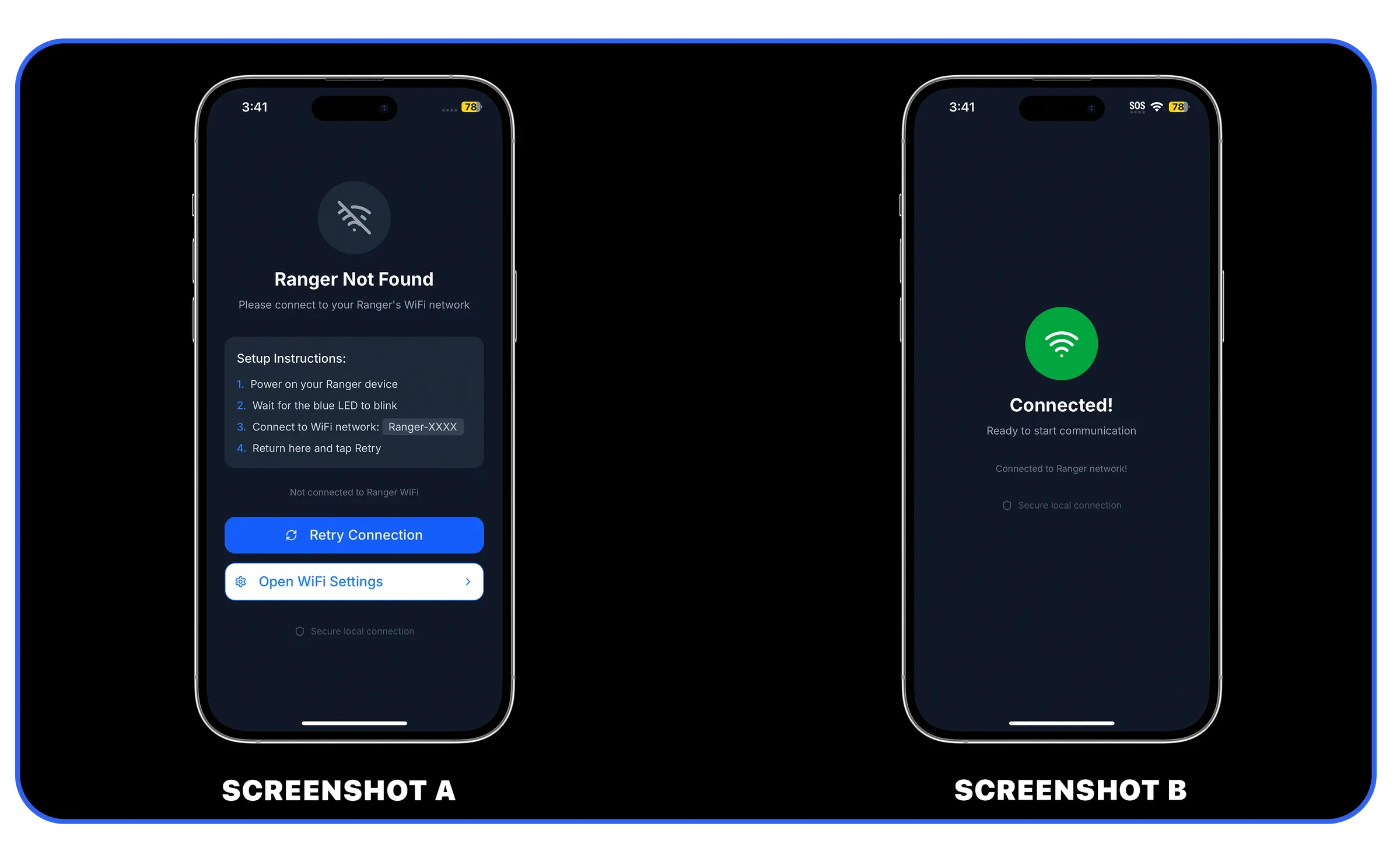 Screenshot A shows the "Ranger Not Found" setup screen; screenshot B shows the "Connected!" screen
