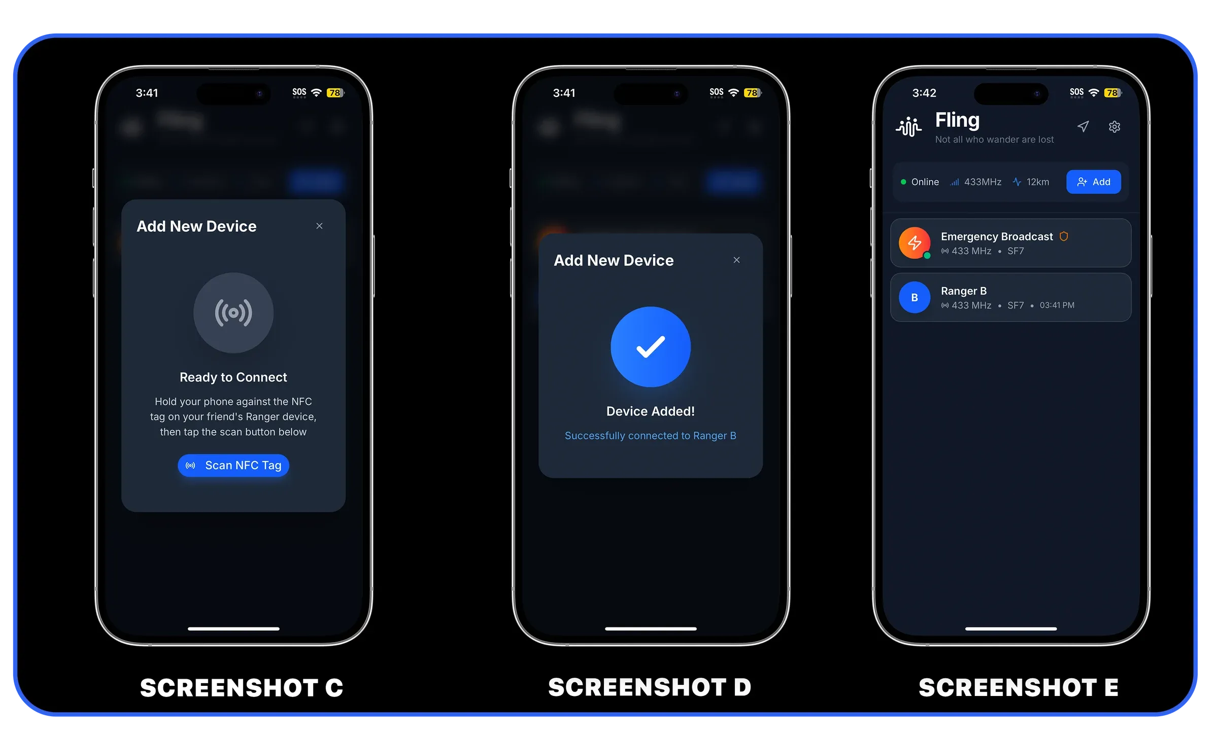 Screenshot C shows the NFC scan prompt, screenshot D confirms "Device Added!", and screenshot E shows Ranger B in the chat list