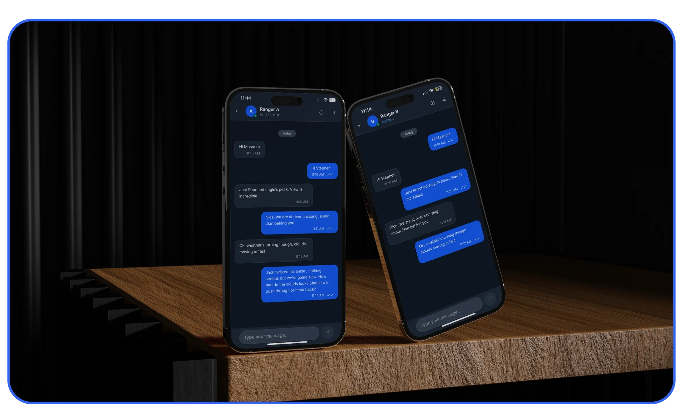 Two phones showing a conversation between Ranger A and Ranger B in the Fling app